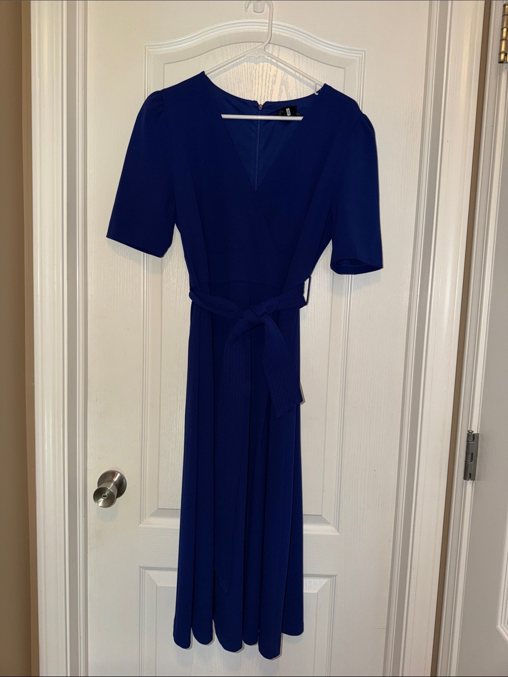 Dkny Elegant Royal Blue Wrap Midi Dress with Tie Belt